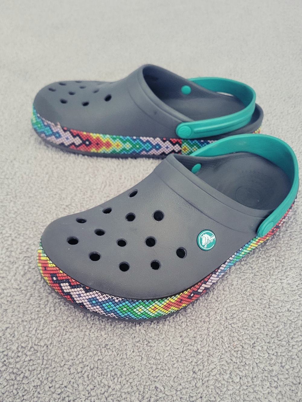 Women's Gray Clog Sandals with Teal Strap and Rainbow Trim